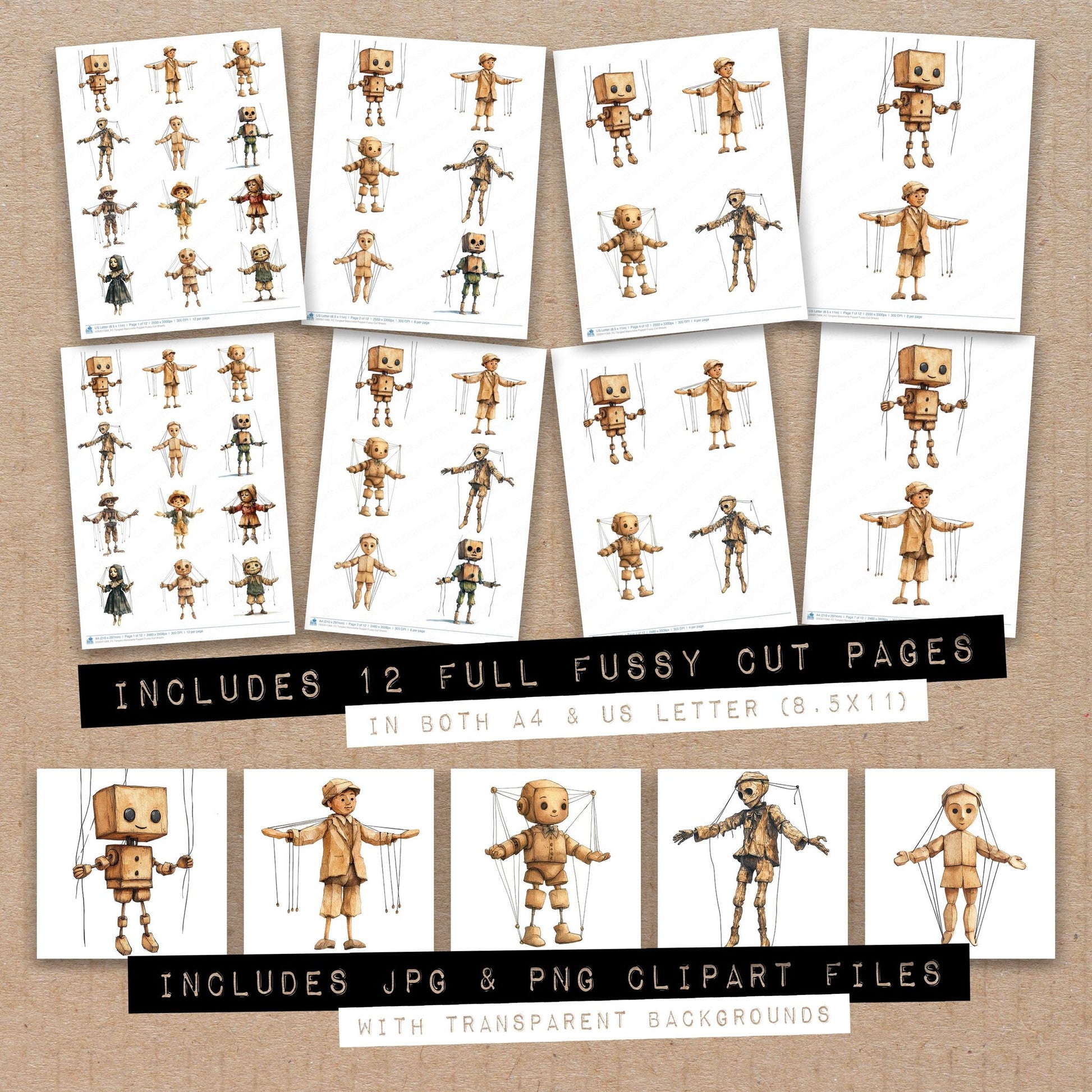 Full collection view of Tangled Marionette Puppet fussy cut sheets with bonus clipart JPG and PNG files