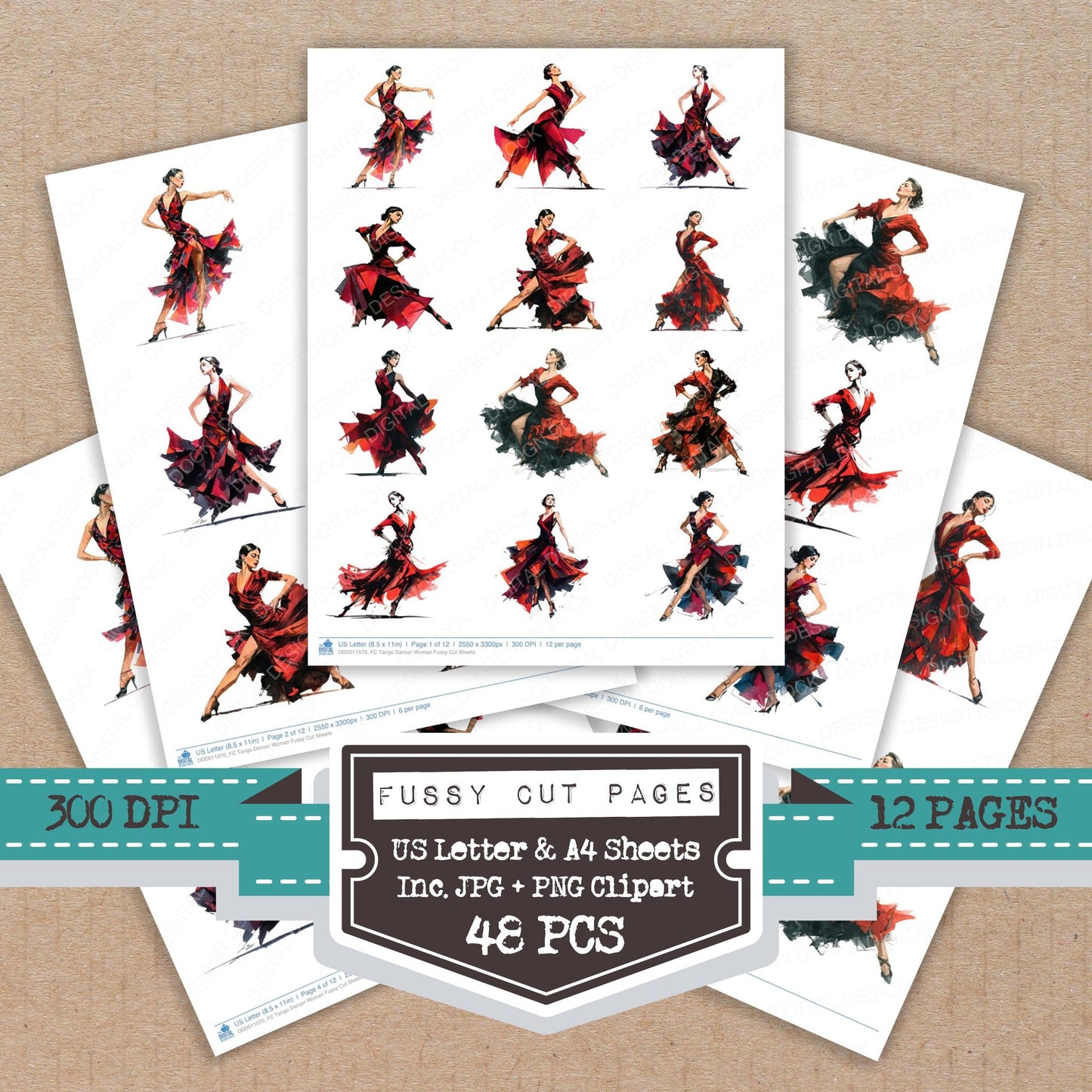 Tango Dancer Woman fussy cut printable sheets for junk journaling, scrapbooking, and paper craft projects