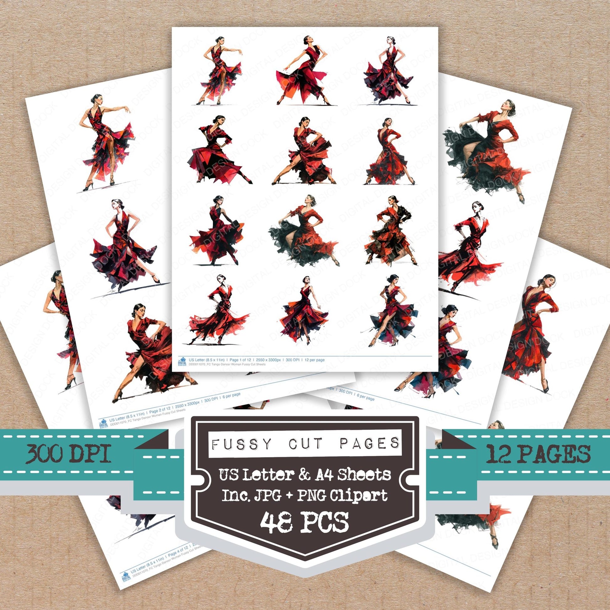 Tango Dancer Woman fussy cut printable sheets for junk journaling, scrapbooking, and paper craft projects