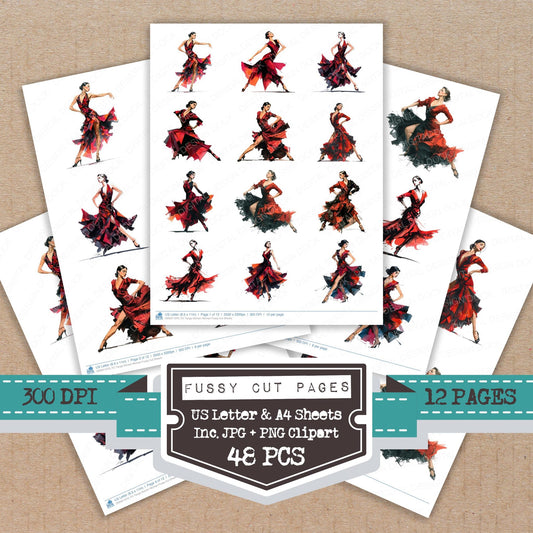 Tango Dancer Woman fussy cut printable sheets for junk journaling, scrapbooking, and paper craft projects