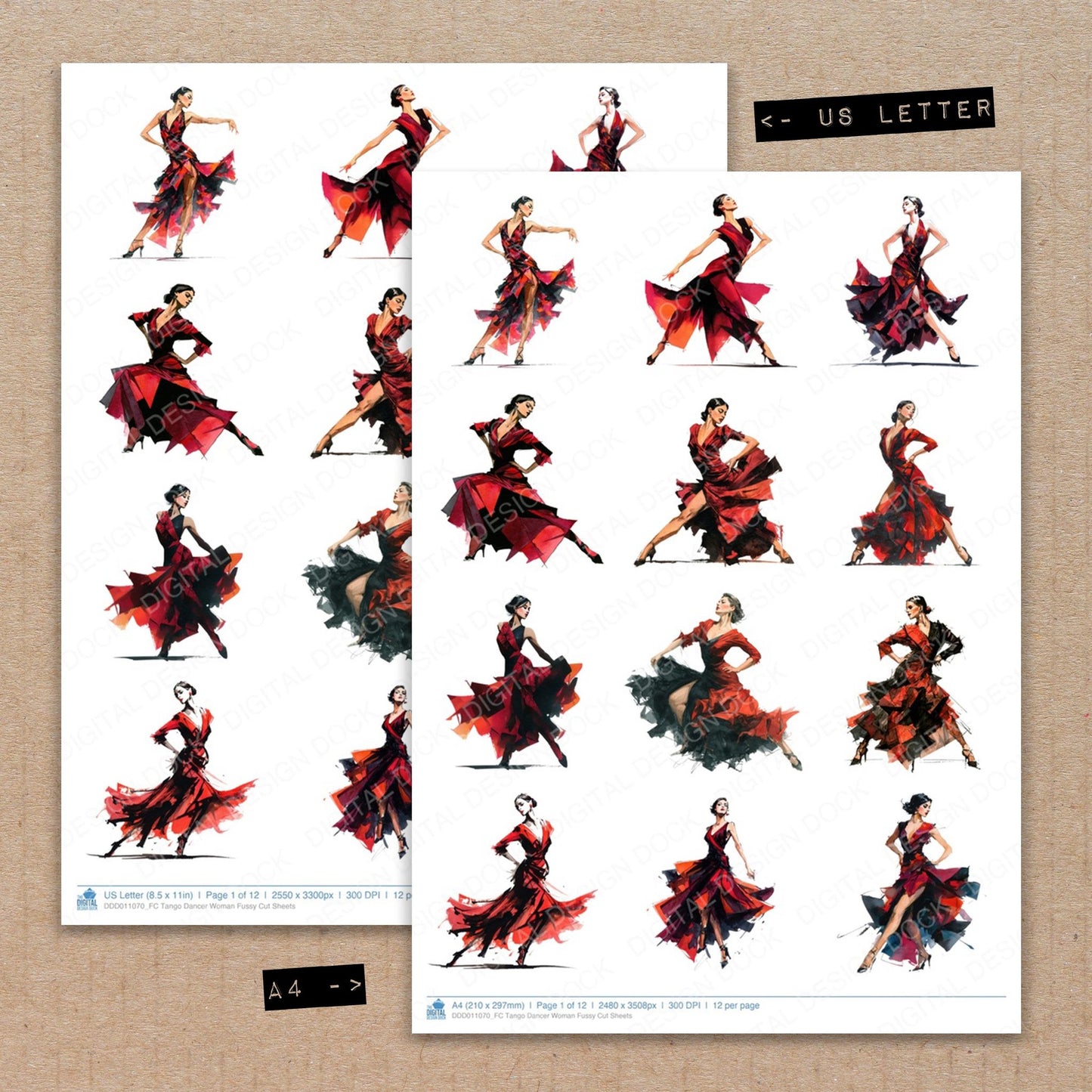 A4 and US Letter format comparison showing Tango Dancer Woman fussy cut pages for print and cut crafting