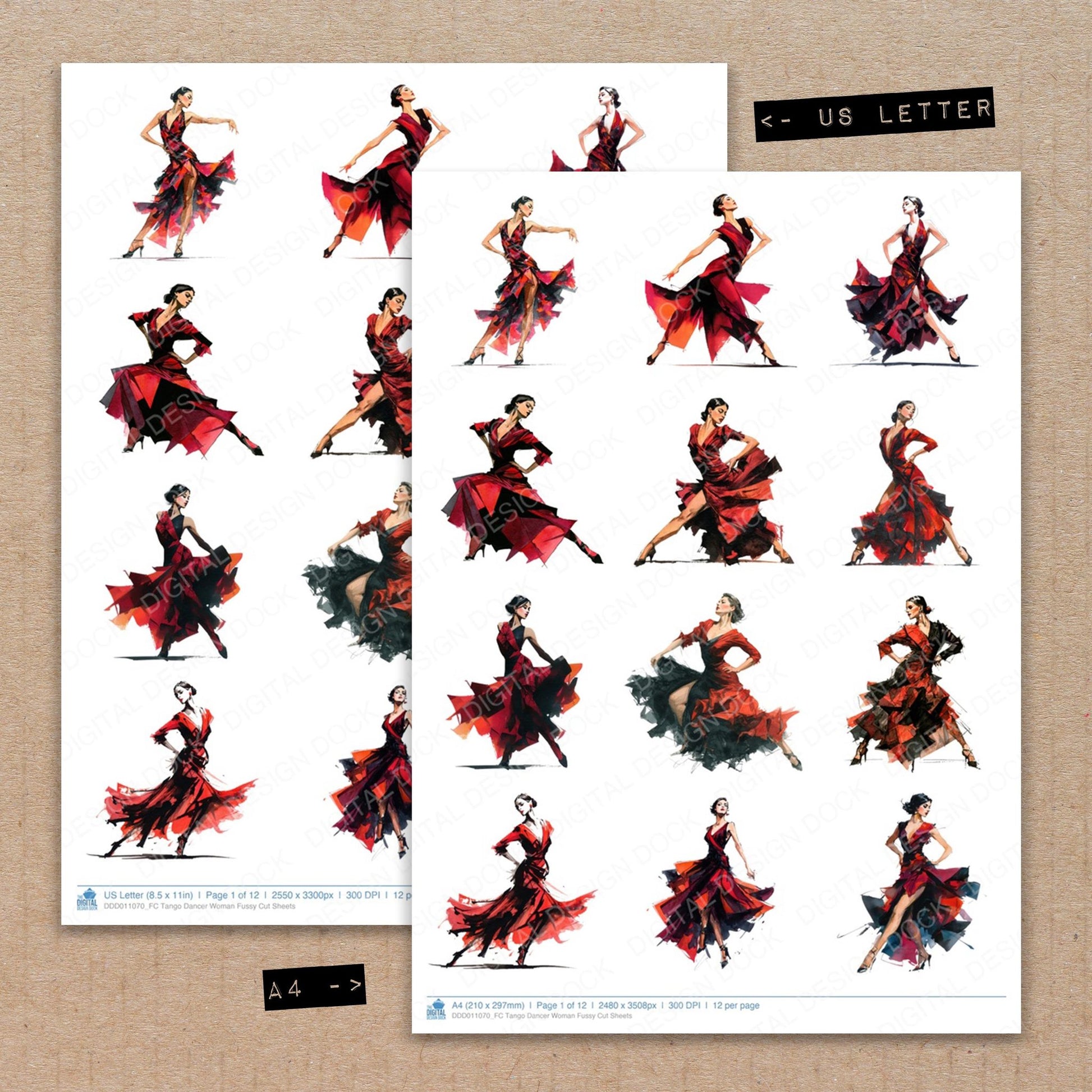 A4 and US Letter format comparison showing Tango Dancer Woman fussy cut pages for print and cut crafting