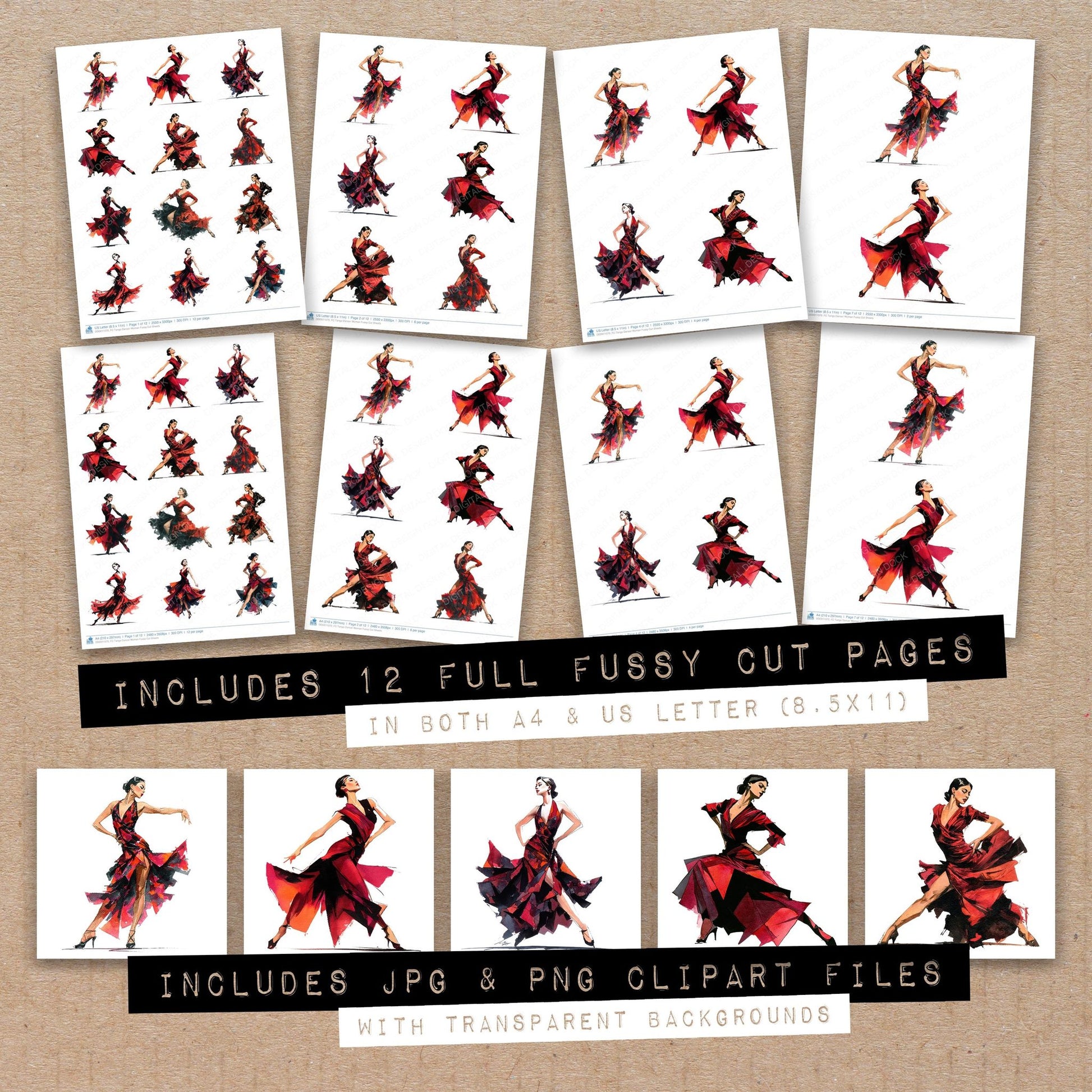 Full collection view of Tango Dancer Woman fussy cut sheets with bonus clipart JPG and PNG files