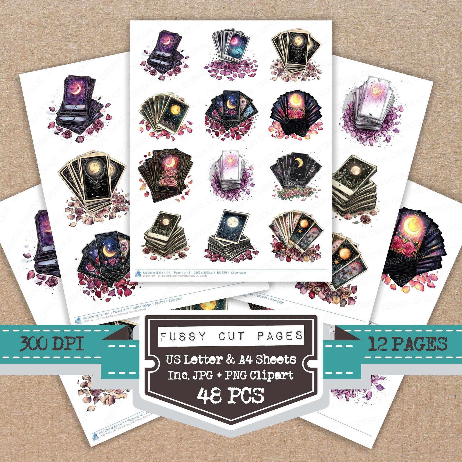 Tarot Card Stack with Petals fussy cut printable sheets for junk journaling, scrapbooking, and paper craft projects
