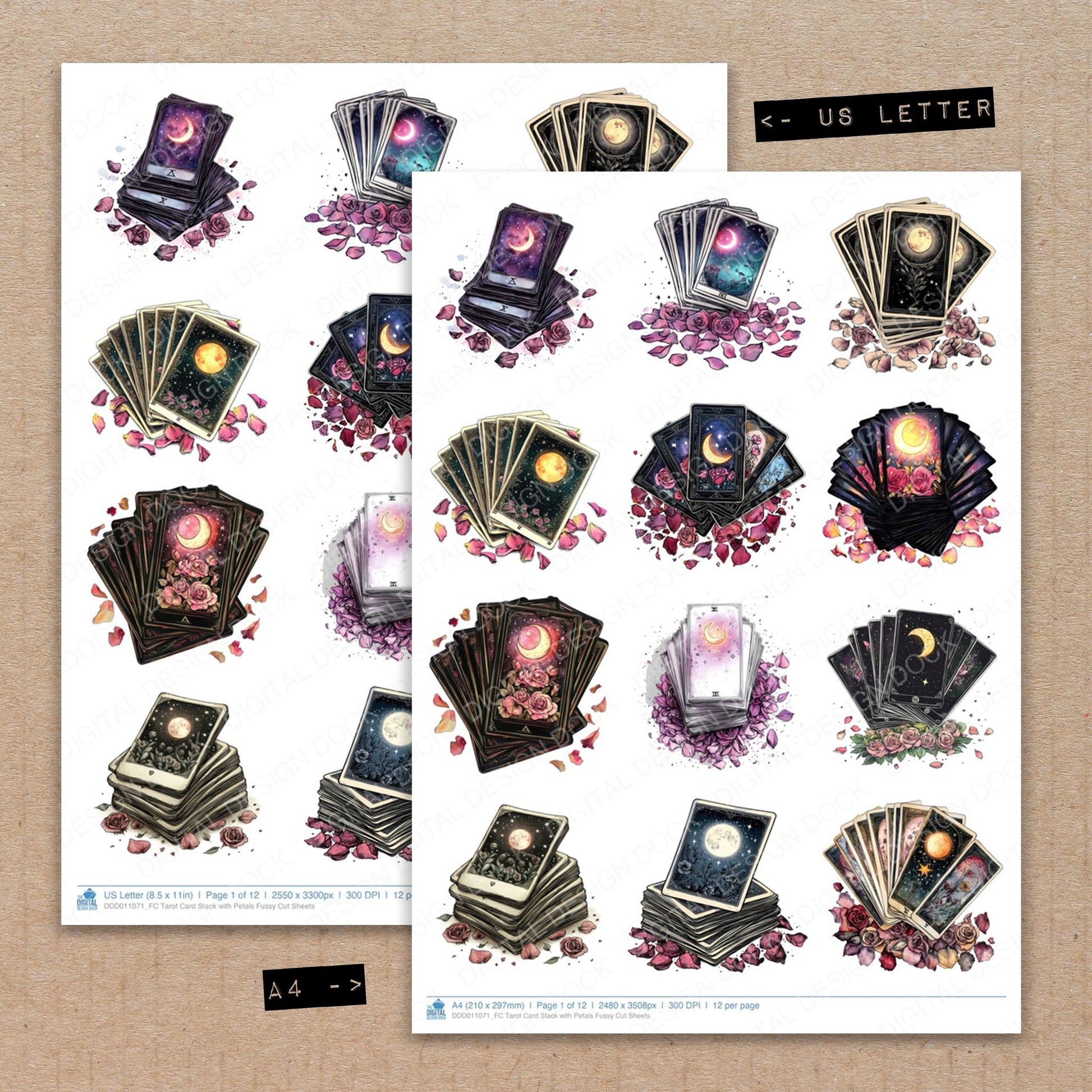 A4 and US Letter format comparison showing Tarot Card Stack with Petals fussy cut pages for print and cut crafting