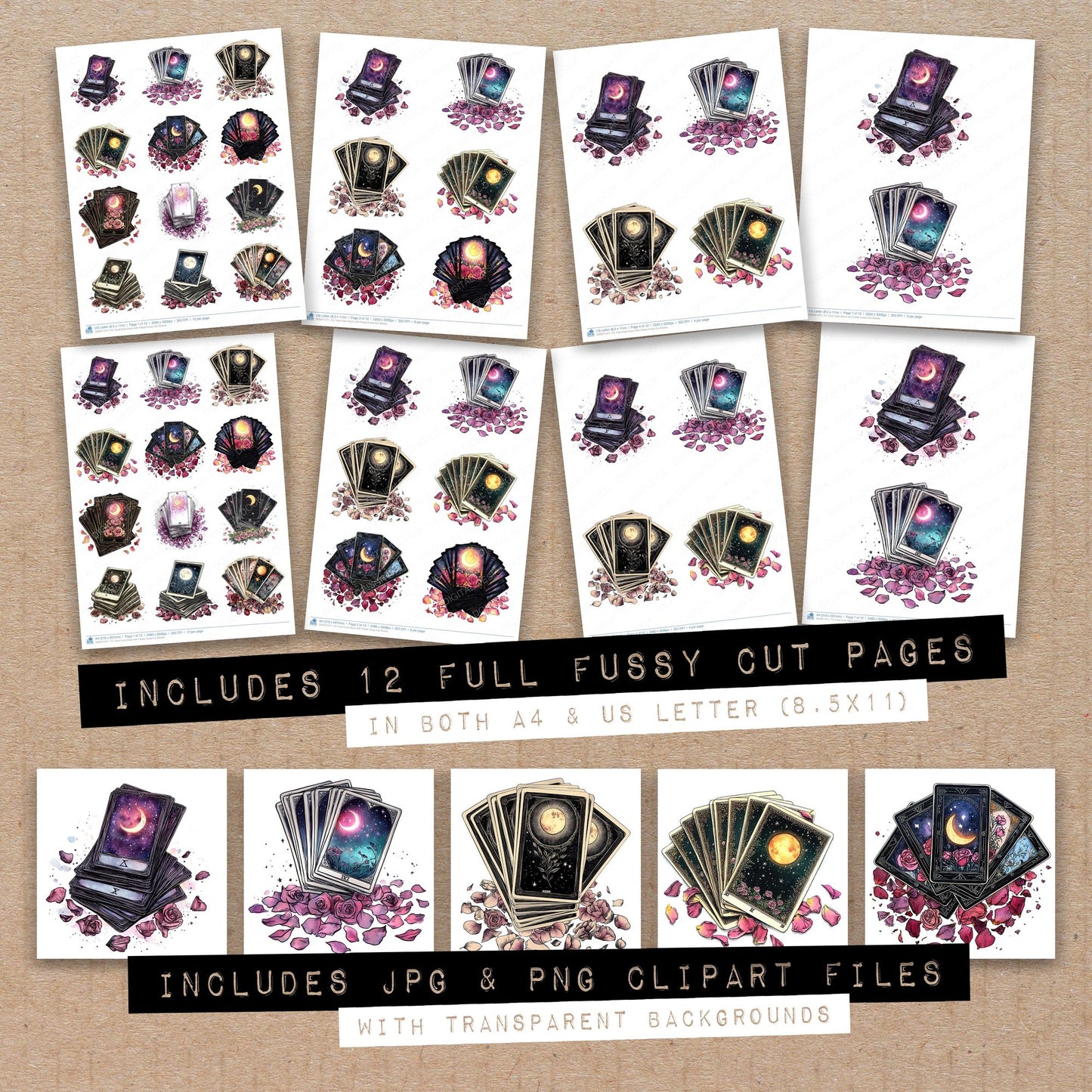 Full collection view of Tarot Card Stack with Petals fussy cut sheets with bonus clipart JPG and PNG files