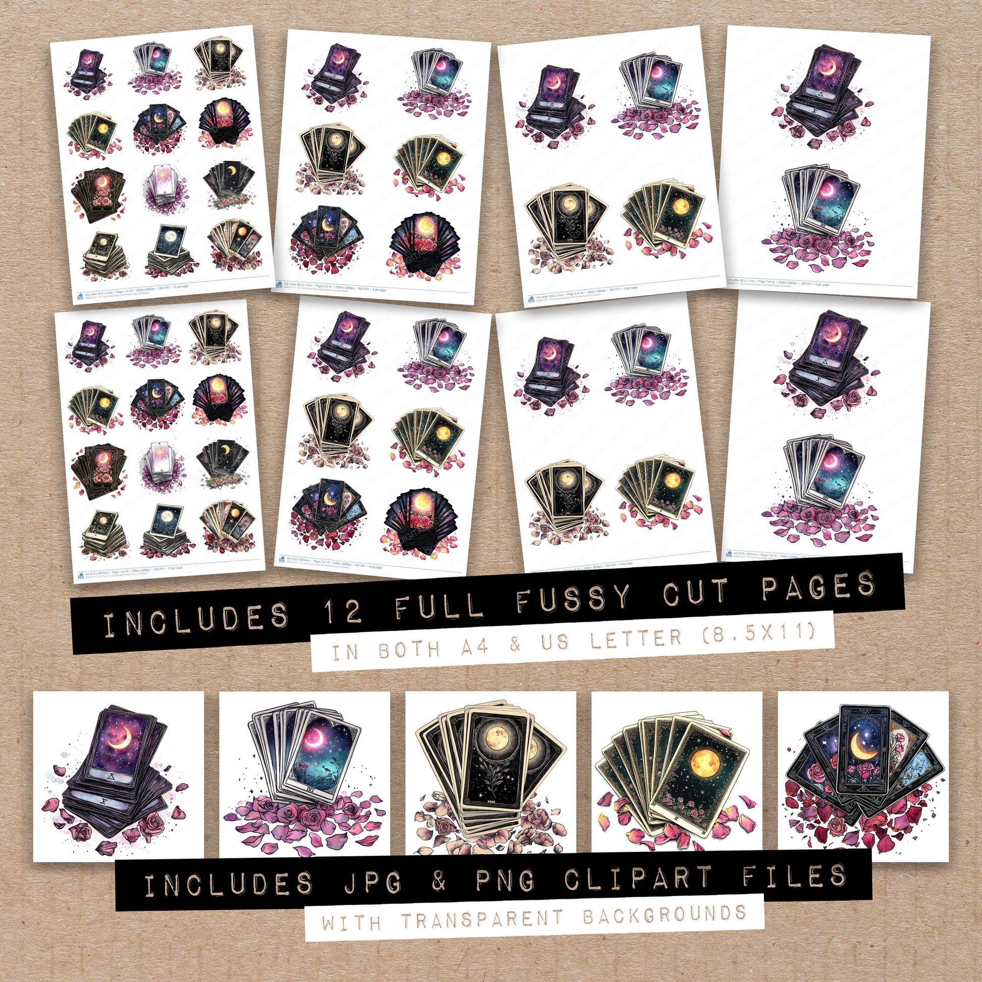 Full collection view of Tarot Card Stack with Petals fussy cut sheets with bonus clipart JPG and PNG files