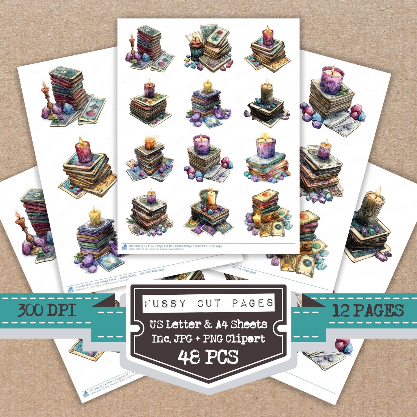 Tarot Cards and Crystals fussy cut printable sheets for junk journaling, scrapbooking, and paper craft projects
