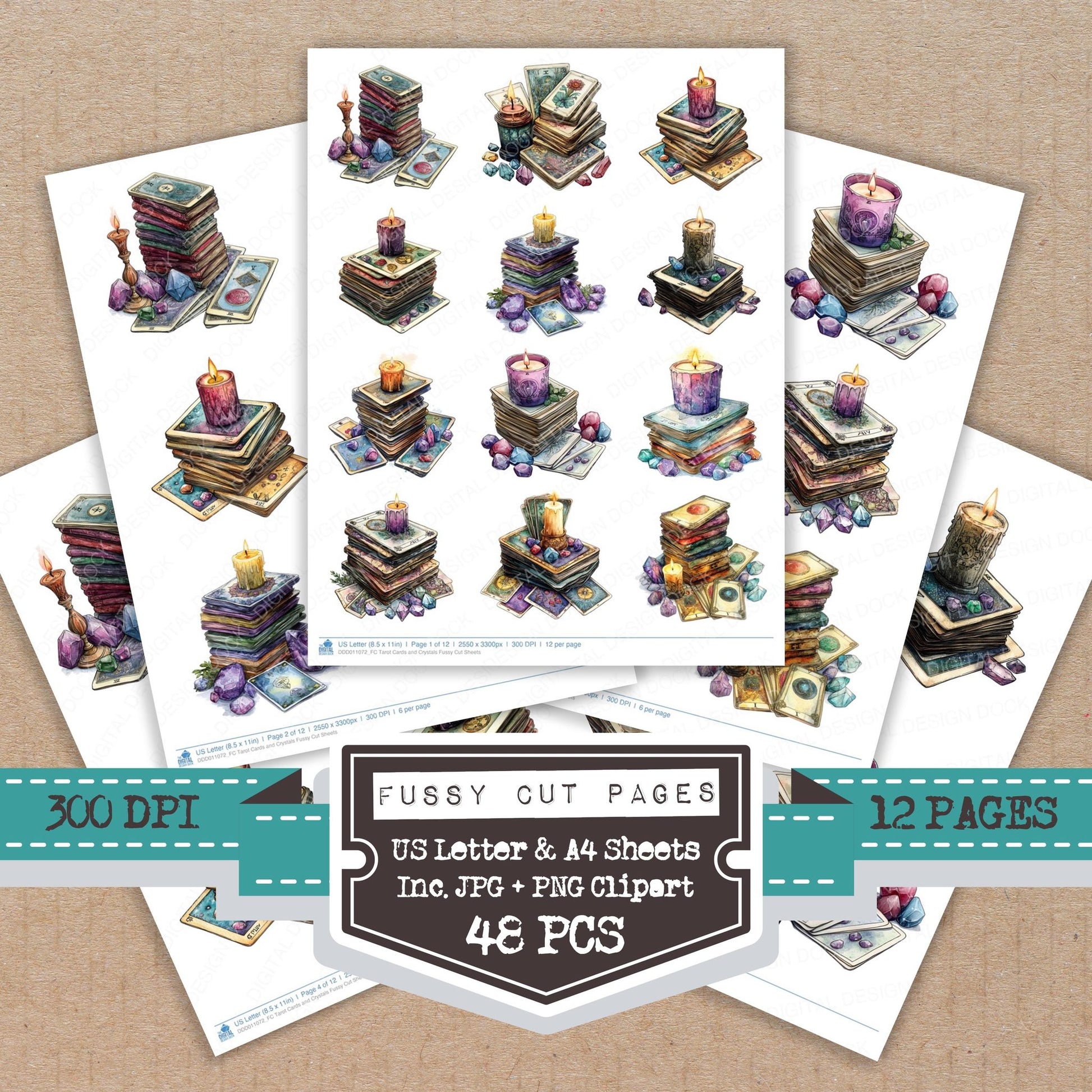 Tarot Cards and Crystals fussy cut printable sheets for junk journaling, scrapbooking, and paper craft projects