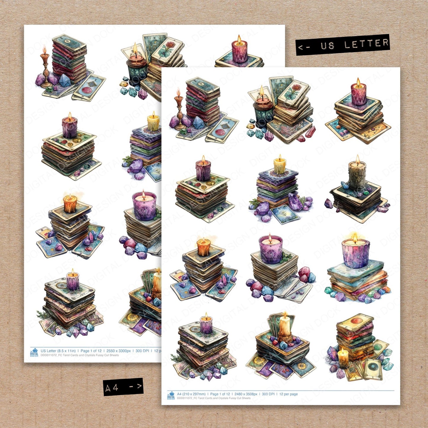 A4 and US Letter format comparison showing Tarot Cards and Crystals fussy cut pages for print and cut crafting