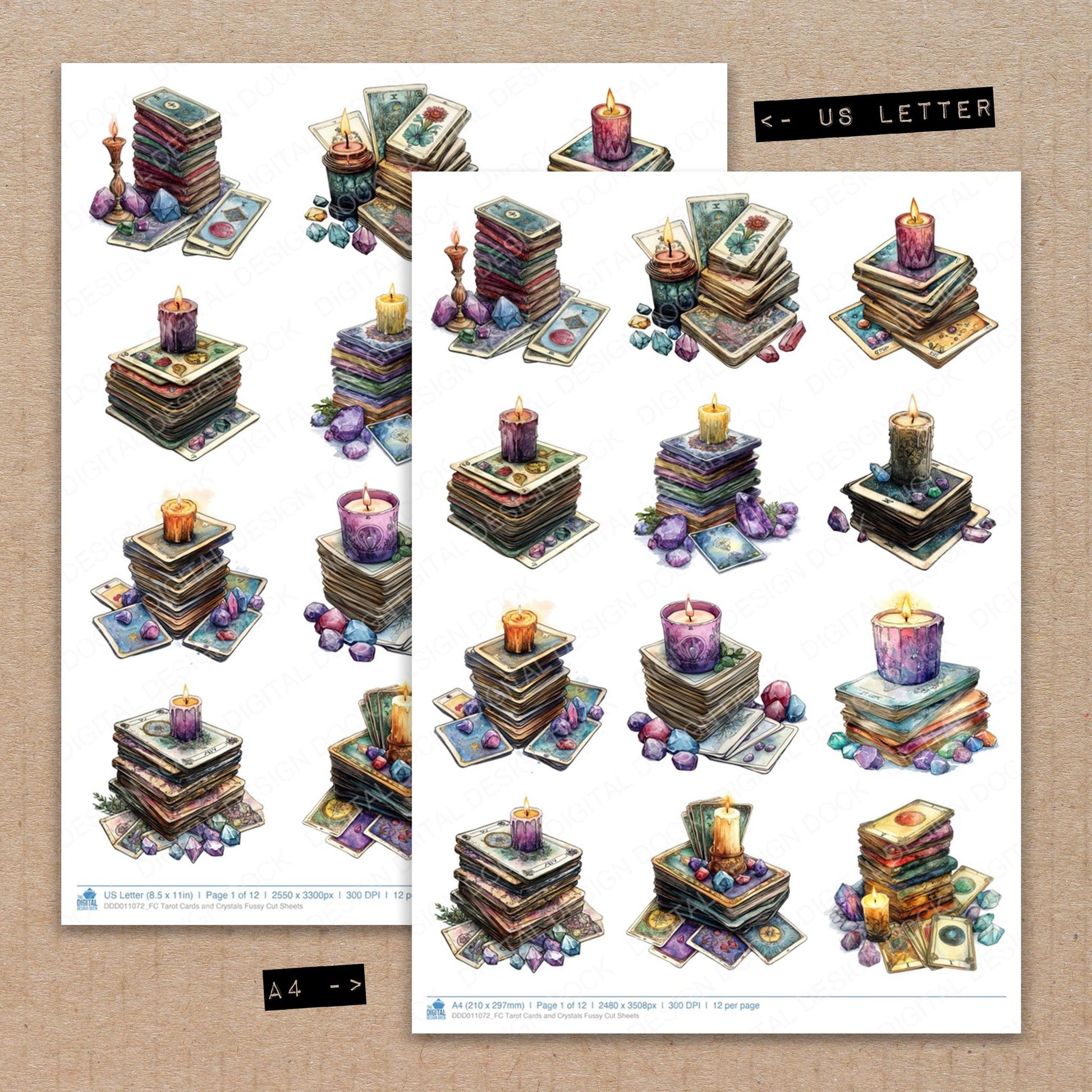 A4 and US Letter format comparison showing Tarot Cards and Crystals fussy cut pages for print and cut crafting