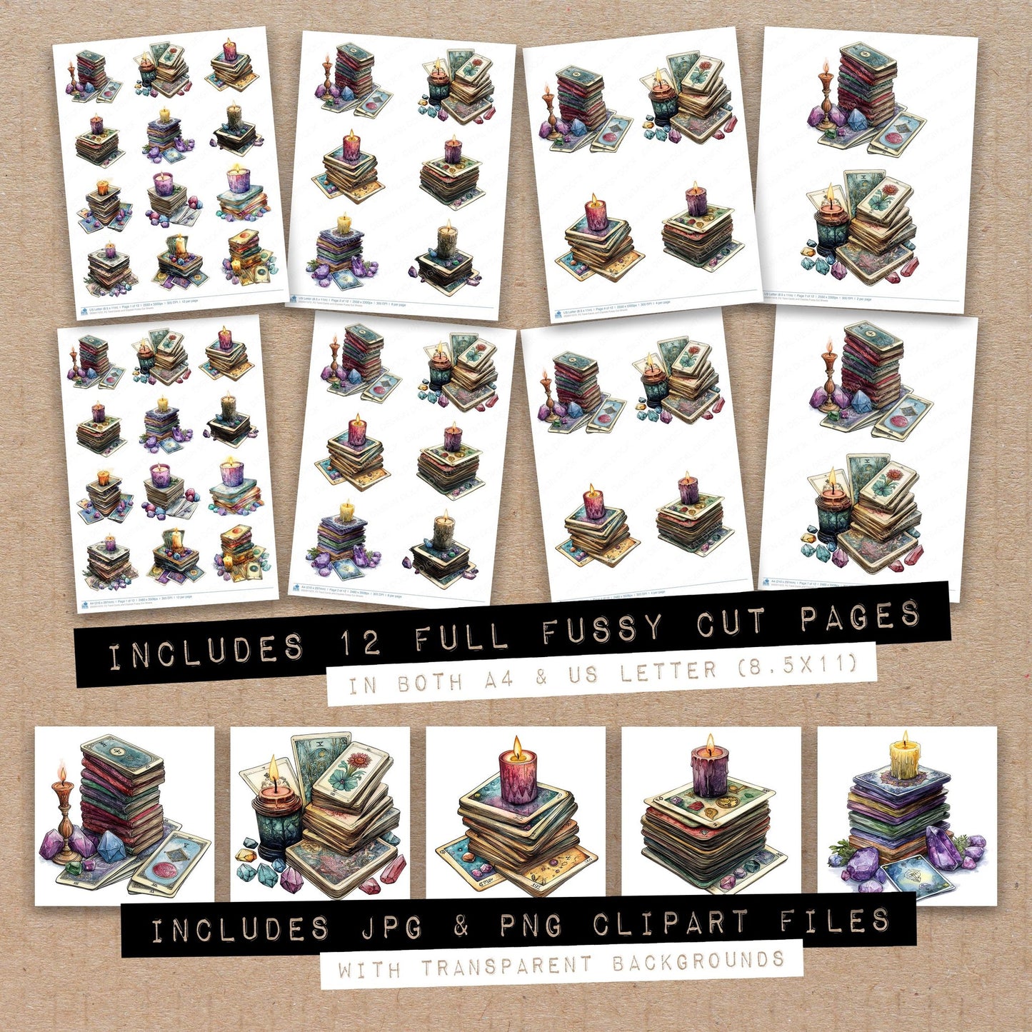 Full collection view of Tarot Cards and Crystals fussy cut sheets with bonus clipart JPG and PNG files
