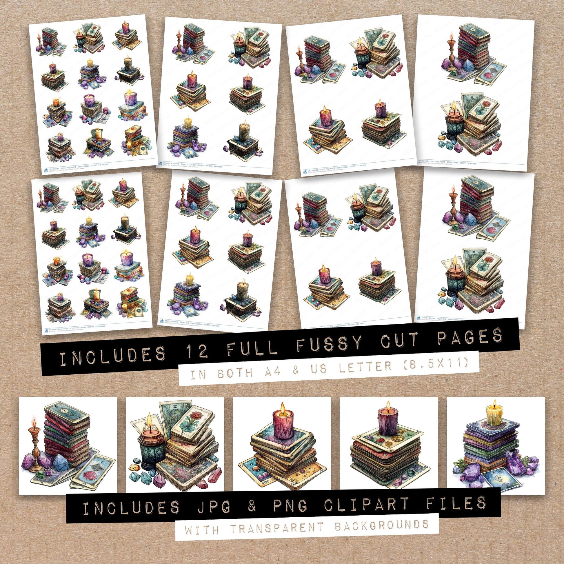 Full collection view of Tarot Cards and Crystals fussy cut sheets with bonus clipart JPG and PNG files