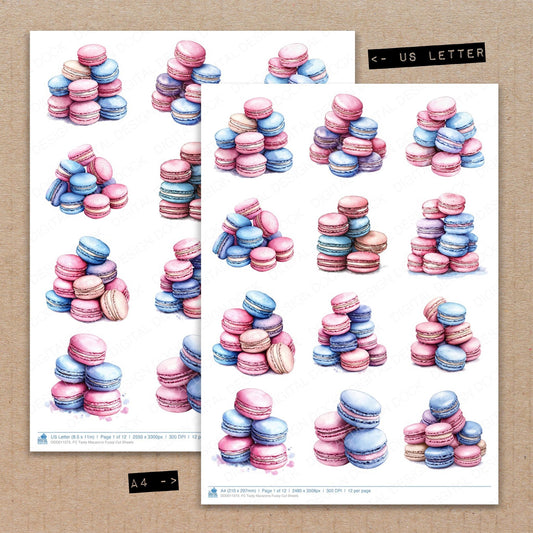 A4 and US Letter format comparison showing Tasty Macarons fussy cut pages for print and cut crafting