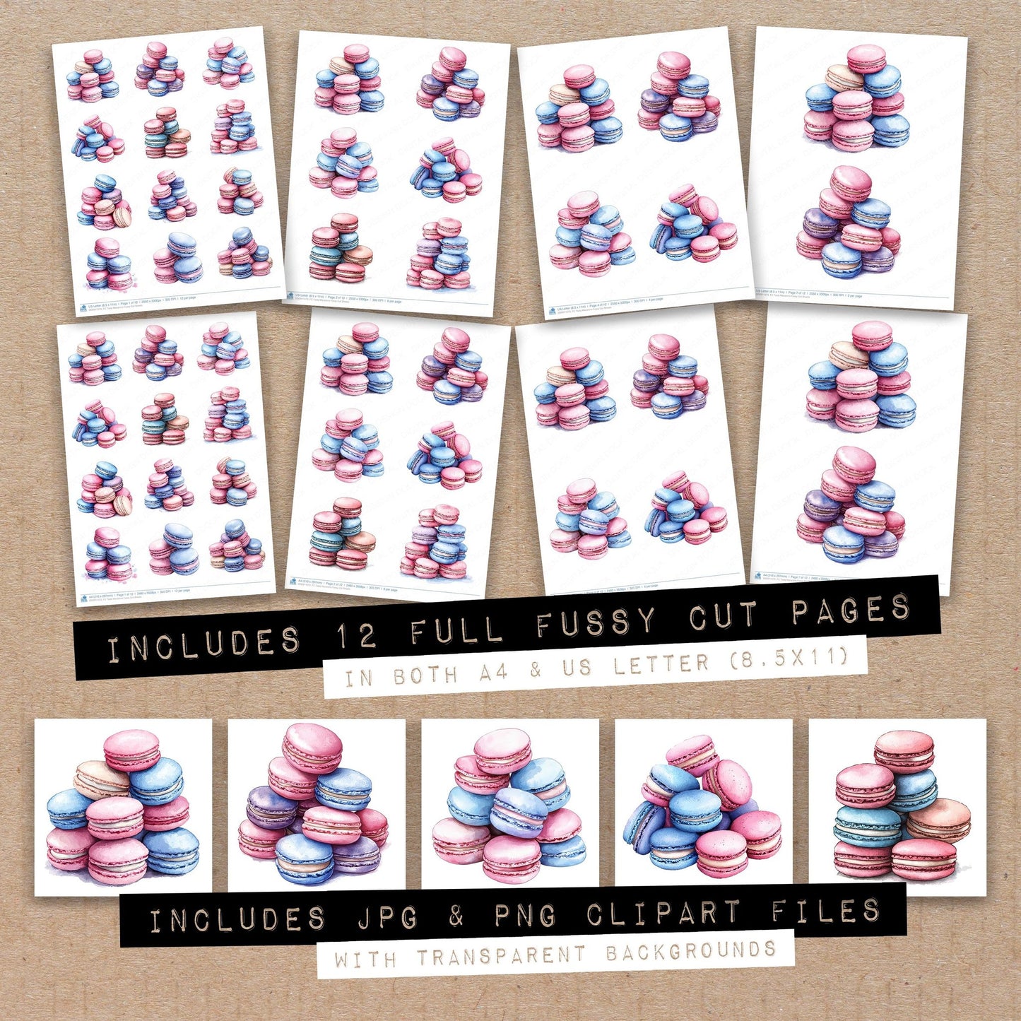 Full collection view of Tasty Macarons fussy cut sheets with bonus clipart JPG and PNG files