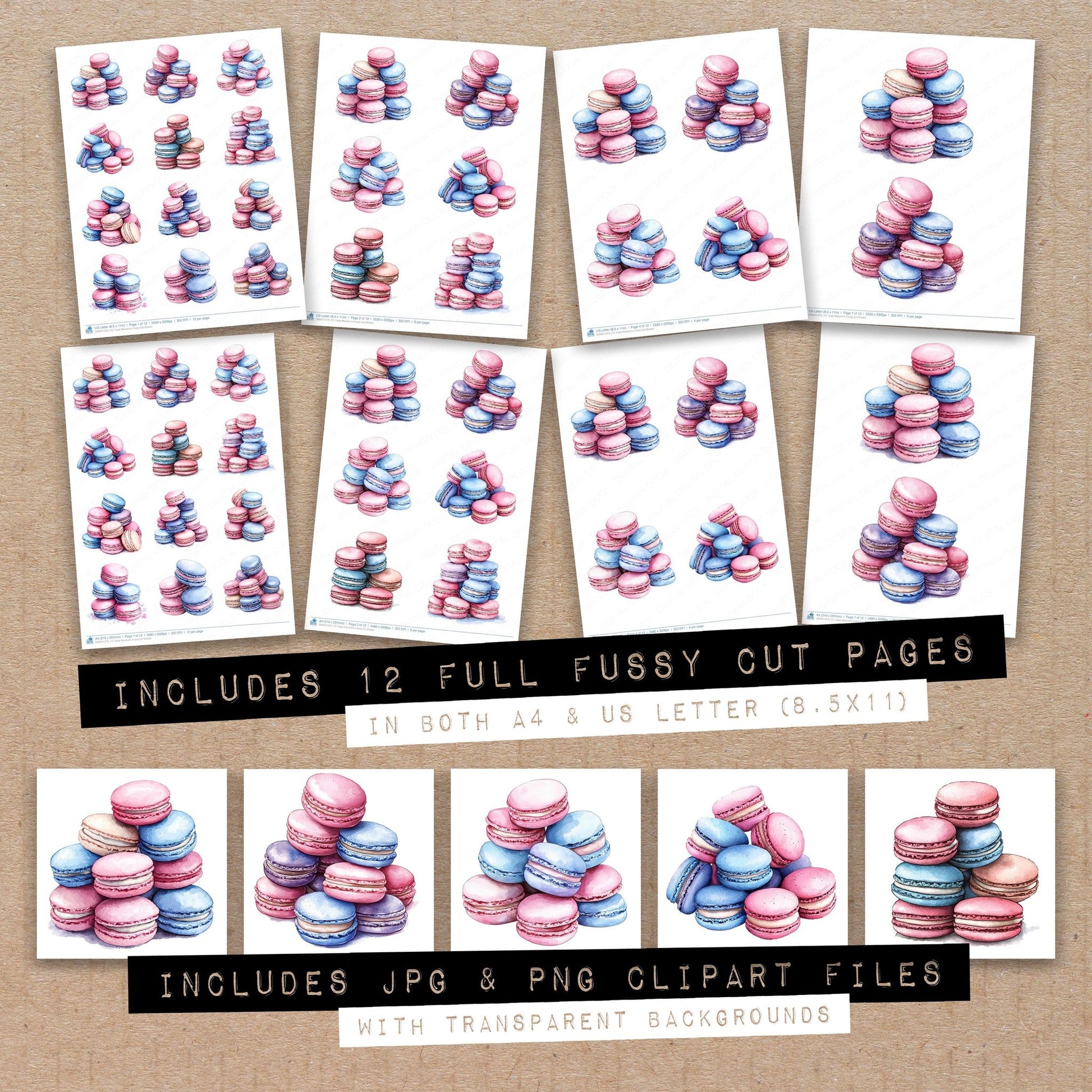 Full collection view of Tasty Macarons fussy cut sheets with bonus clipart JPG and PNG files