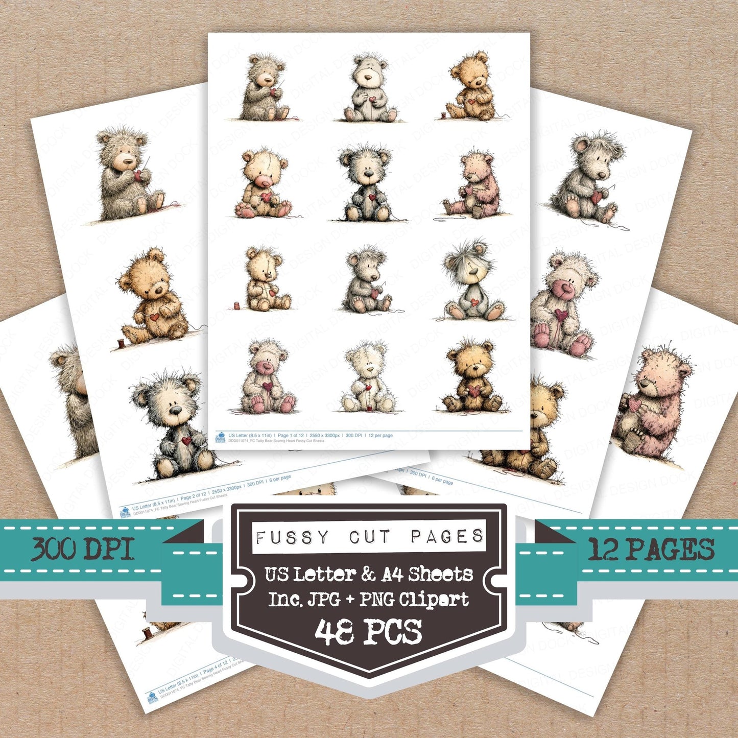 Tatty Bear Sewing Heart Fussy Cut Sheets (DDD011074)