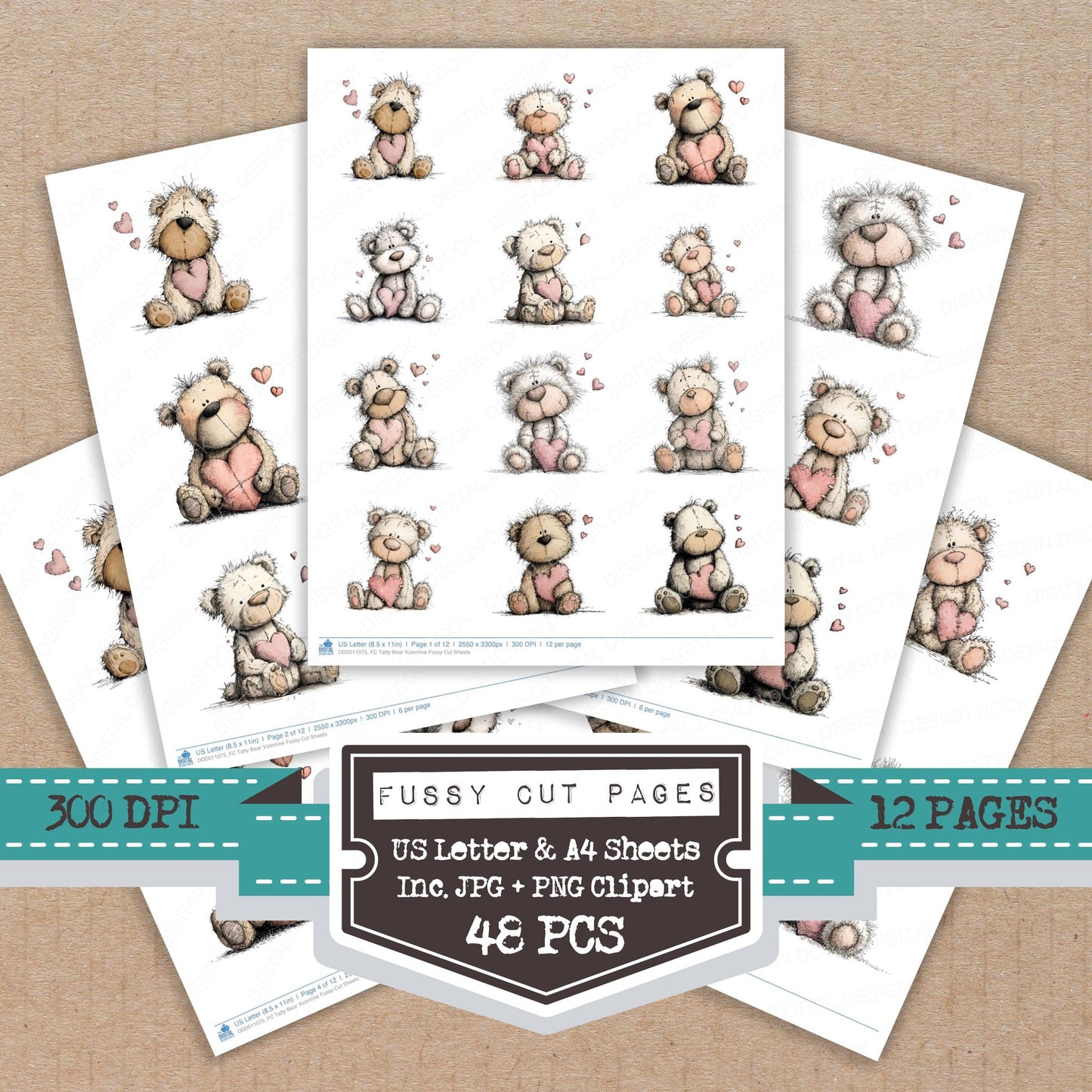 Tatty Bear Valentine fussy cut printable sheets for junk journaling, scrapbooking, and paper craft projects