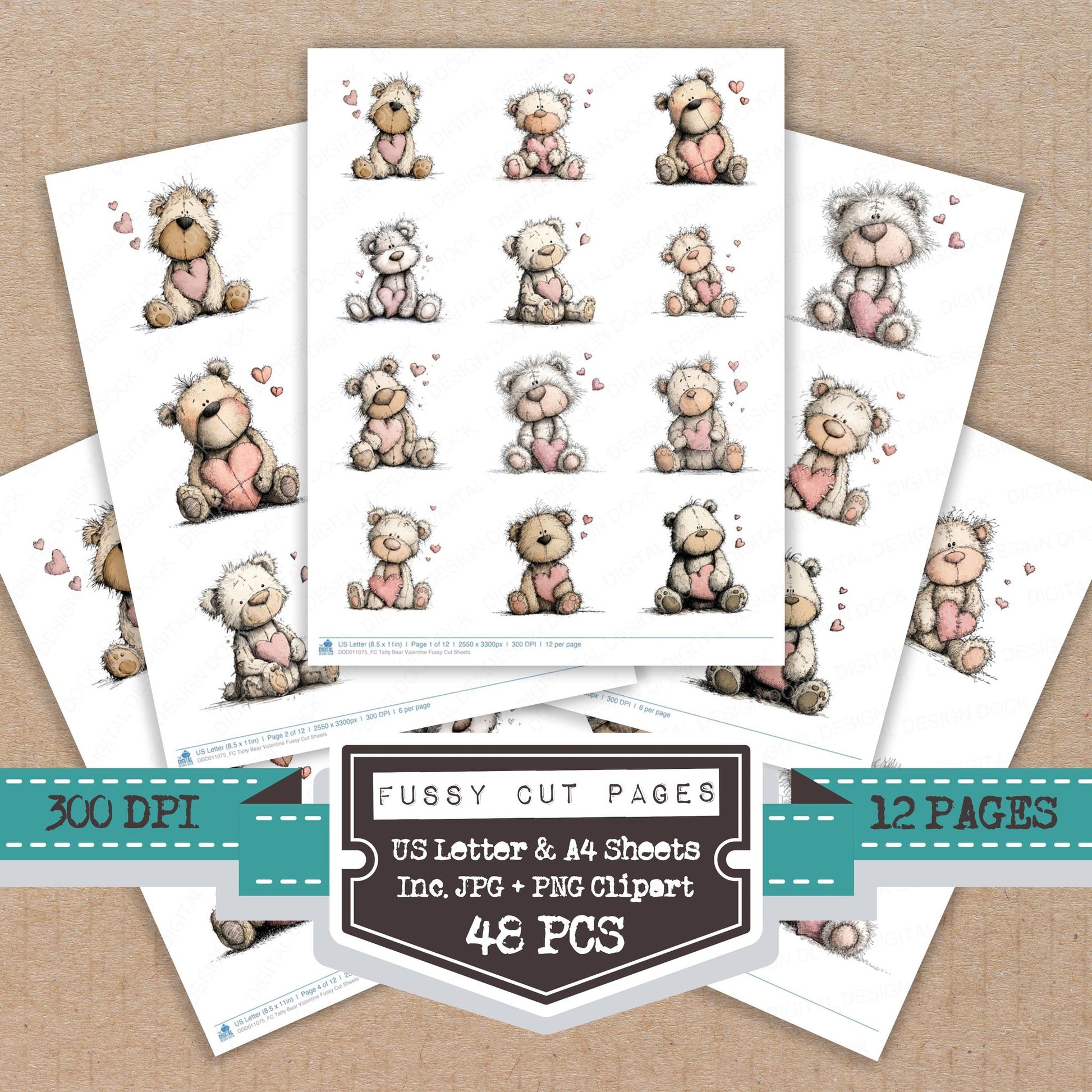 Tatty Bear Valentine fussy cut printable sheets for junk journaling, scrapbooking, and paper craft projects