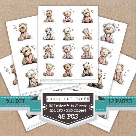 Tatty Bear Valentine fussy cut printable sheets for junk journaling, scrapbooking, and paper craft projects