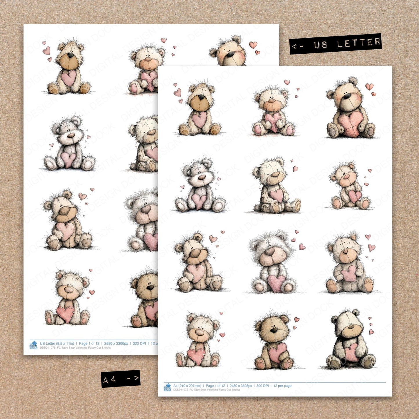 A4 and US Letter format comparison showing Tatty Bear Valentine fussy cut pages for print and cut crafting