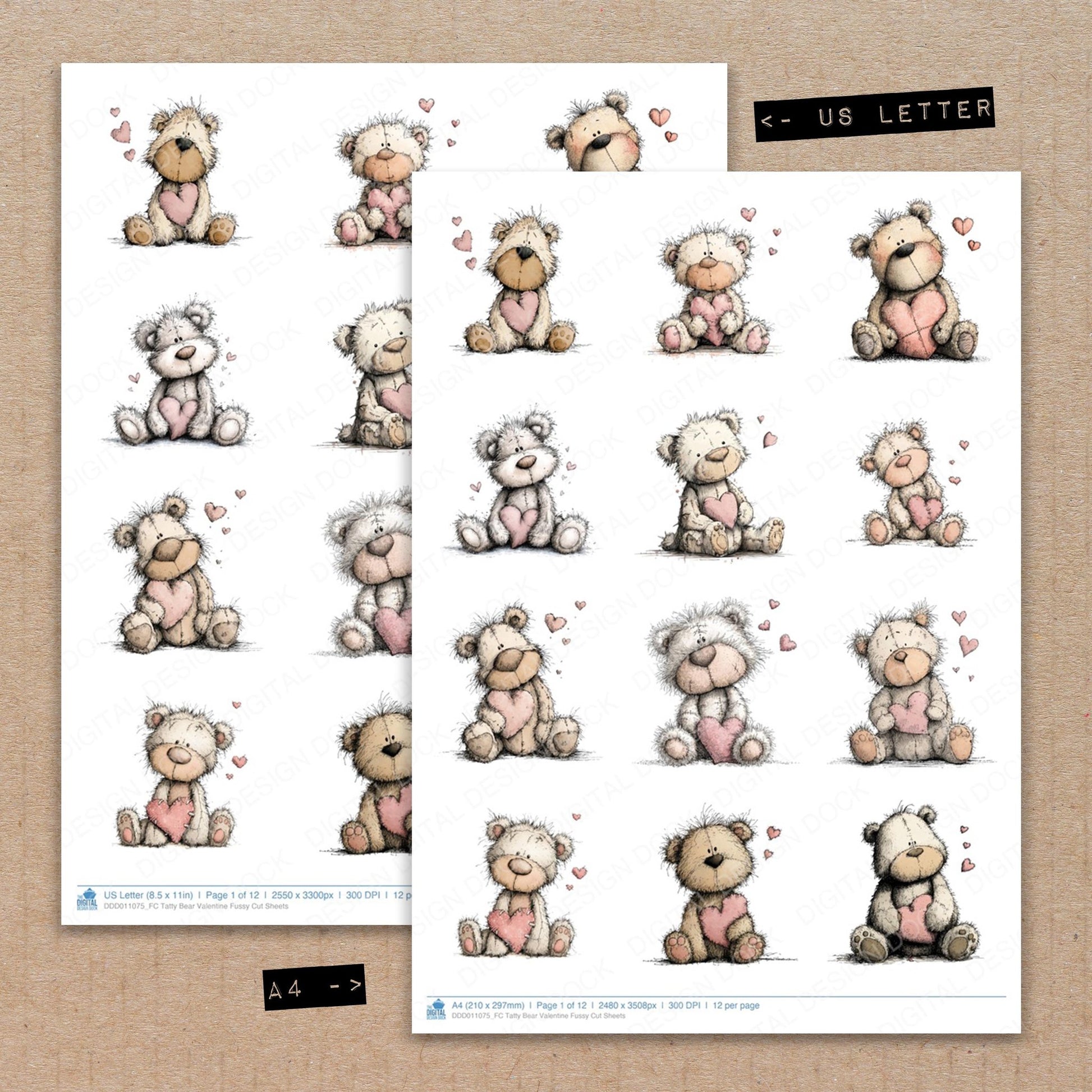 A4 and US Letter format comparison showing Tatty Bear Valentine fussy cut pages for print and cut crafting