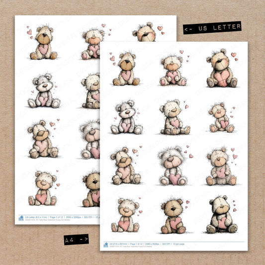 A4 and US Letter format comparison showing Tatty Bear Valentine fussy cut pages for print and cut crafting