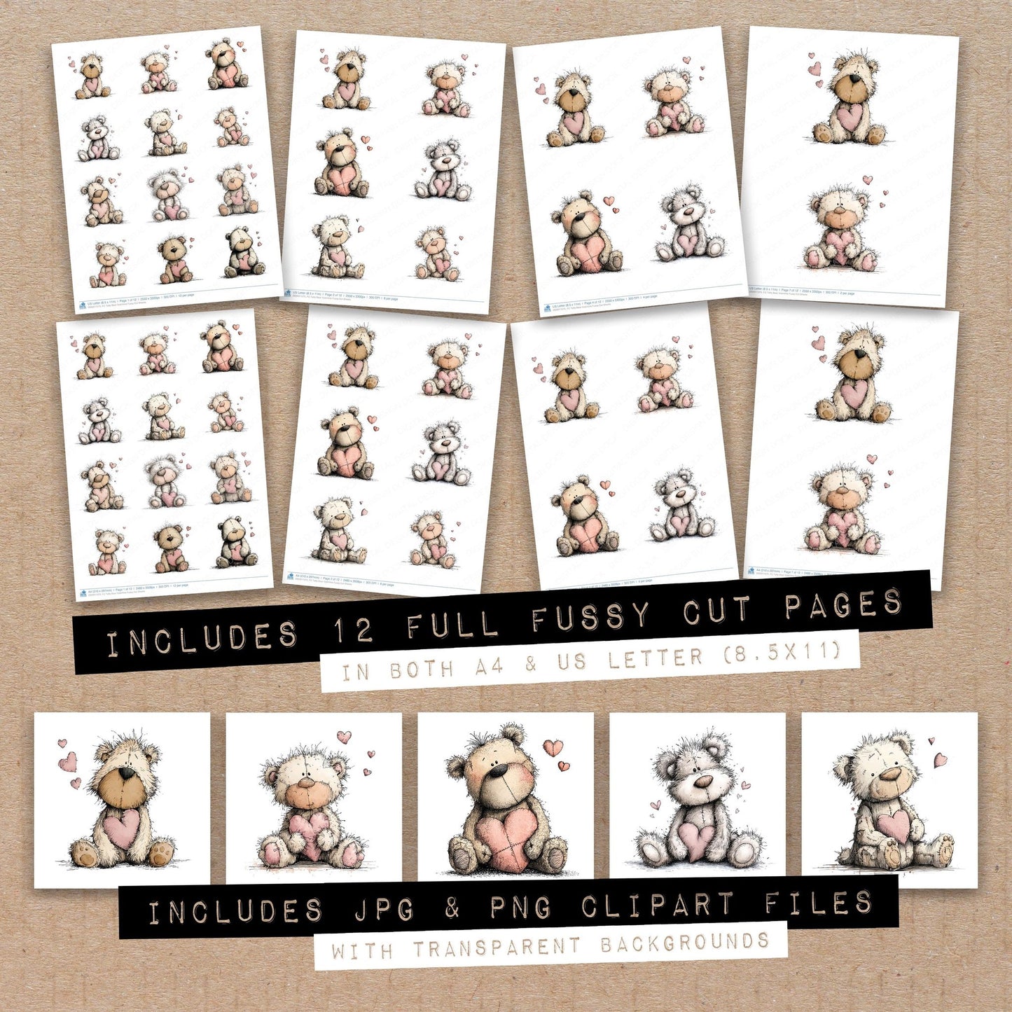 Full collection view of Tatty Bear Valentine fussy cut sheets with bonus clipart JPG and PNG files