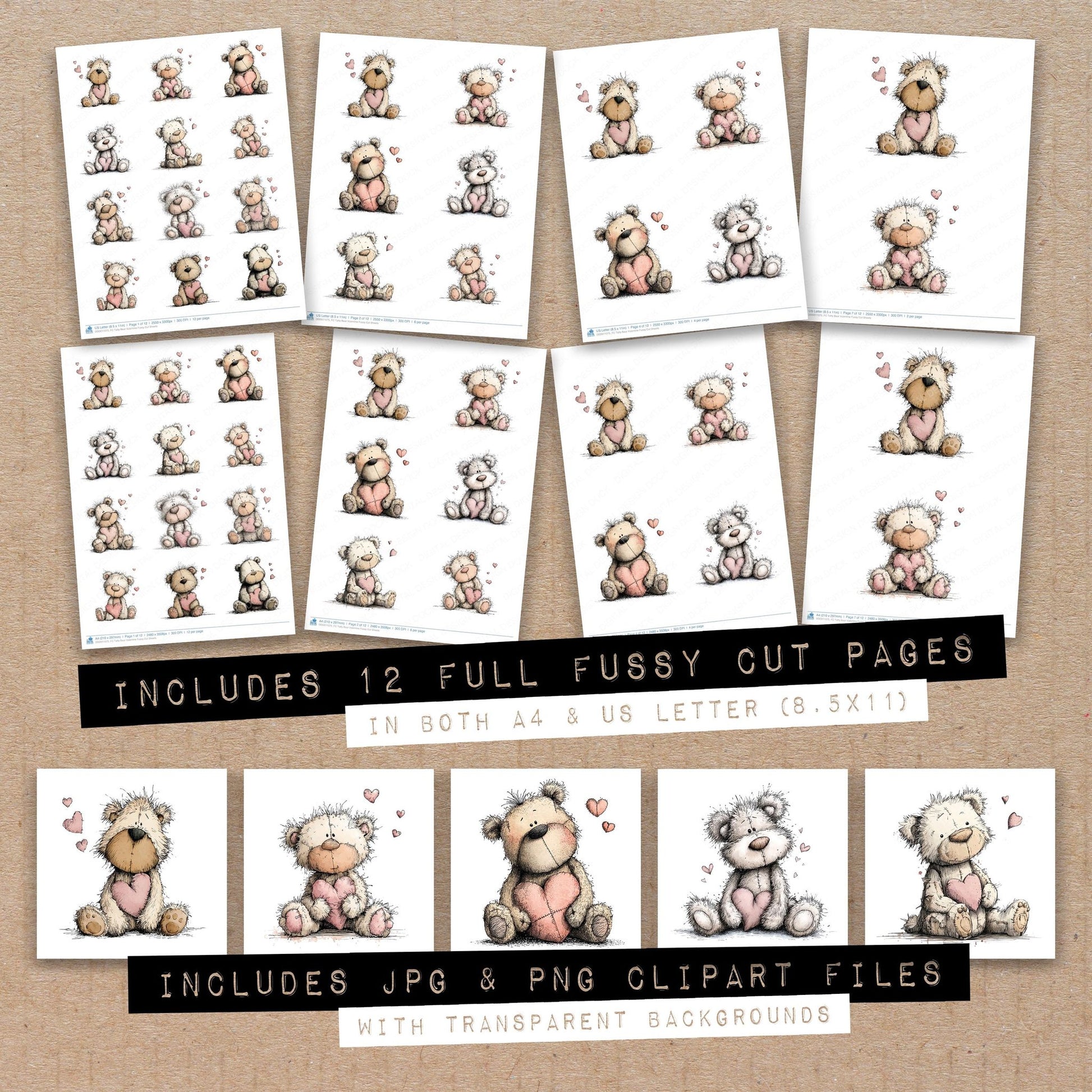 Full collection view of Tatty Bear Valentine fussy cut sheets with bonus clipart JPG and PNG files