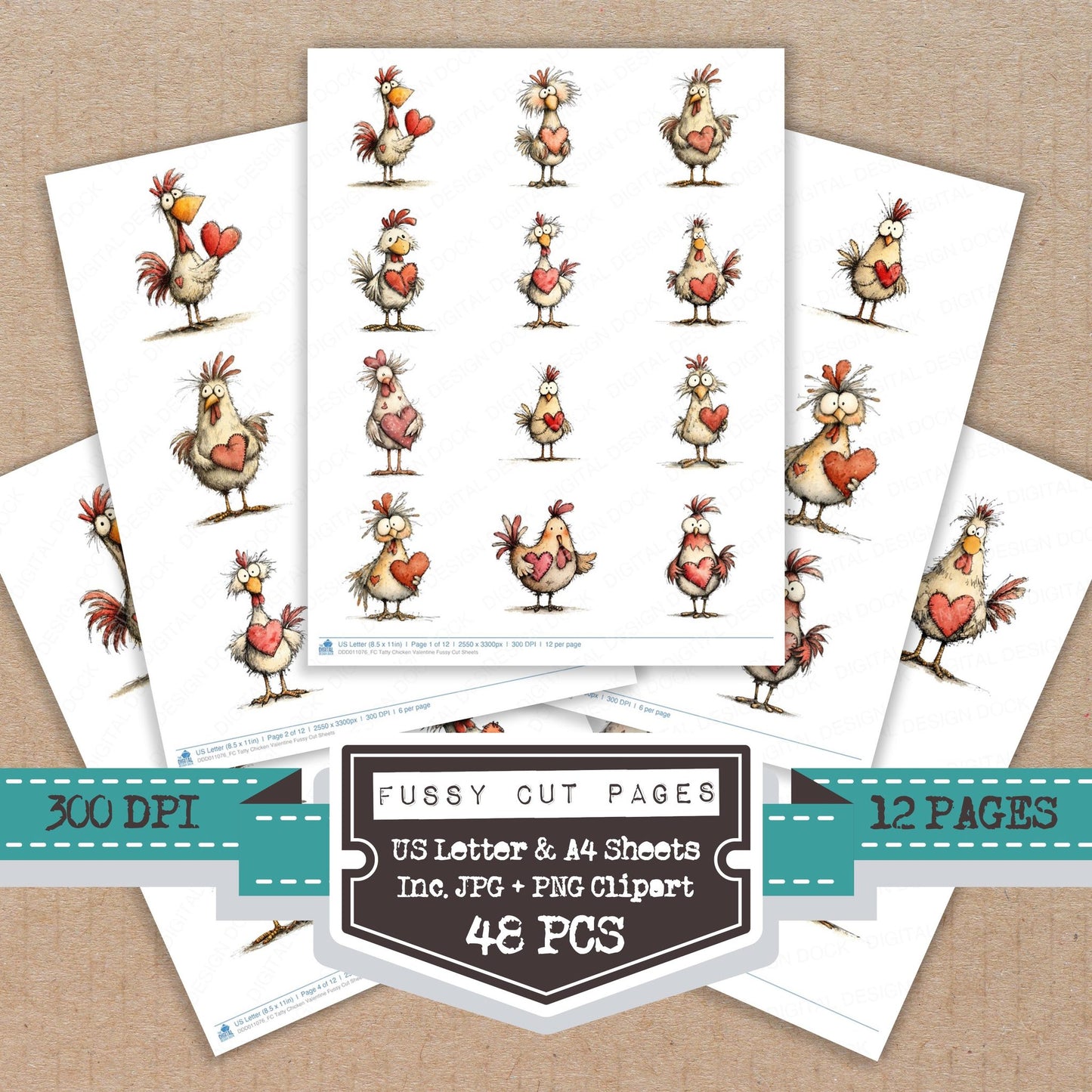 Tatty Chicken Valentine fussy cut printable sheets for junk journaling, scrapbooking, and paper craft projects