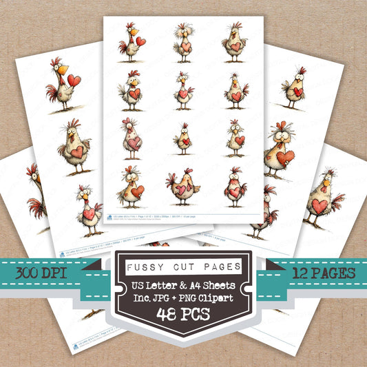 Tatty Chicken Valentine fussy cut printable sheets for junk journaling, scrapbooking, and paper craft projects