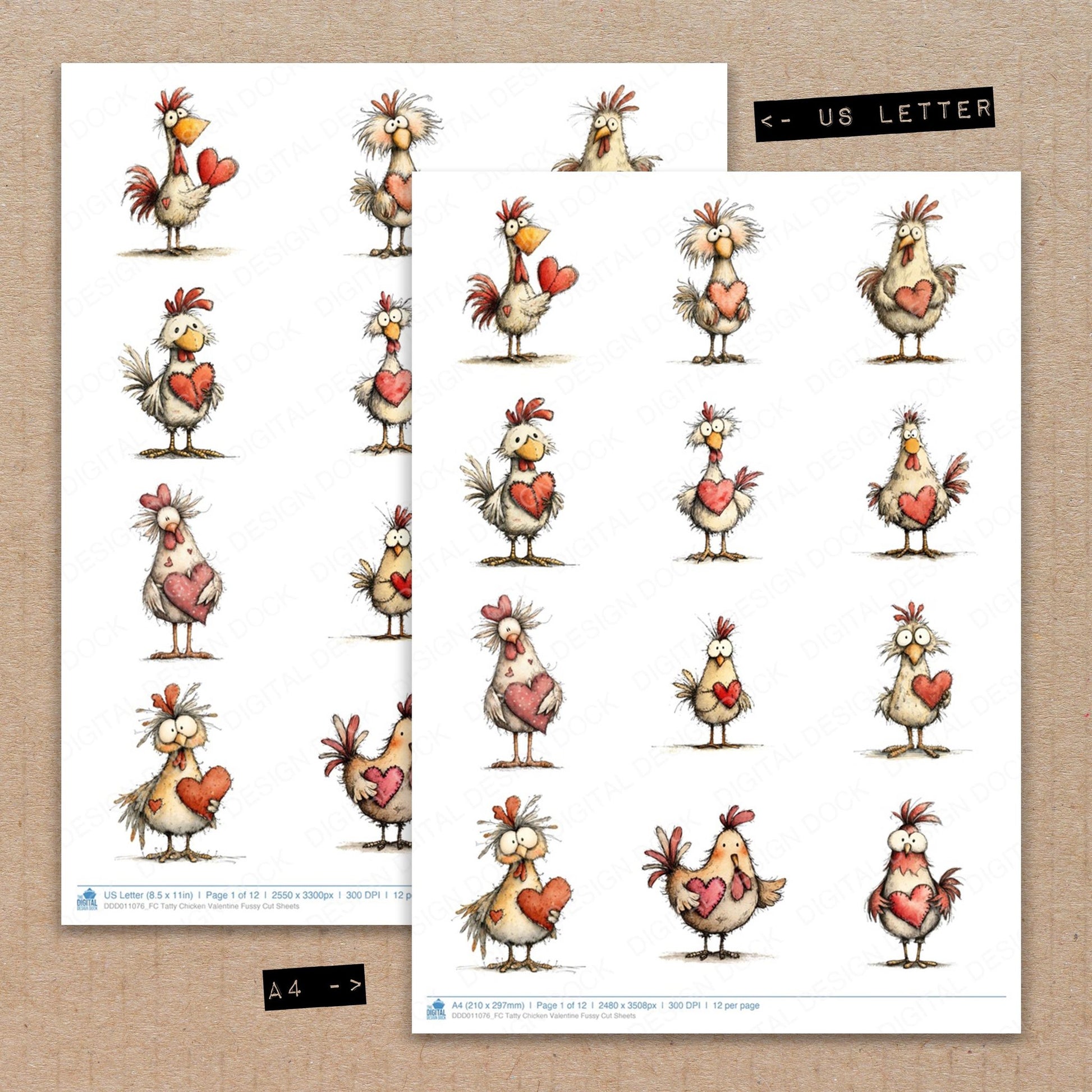 A4 and US Letter format comparison showing Tatty Chicken Valentine fussy cut pages for print and cut crafting