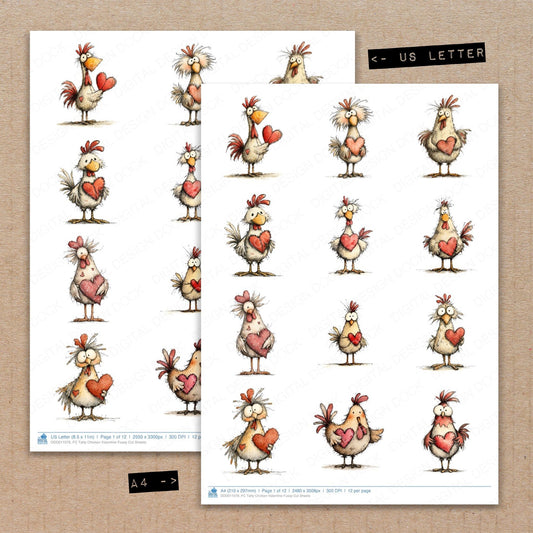 A4 and US Letter format comparison showing Tatty Chicken Valentine fussy cut pages for print and cut crafting