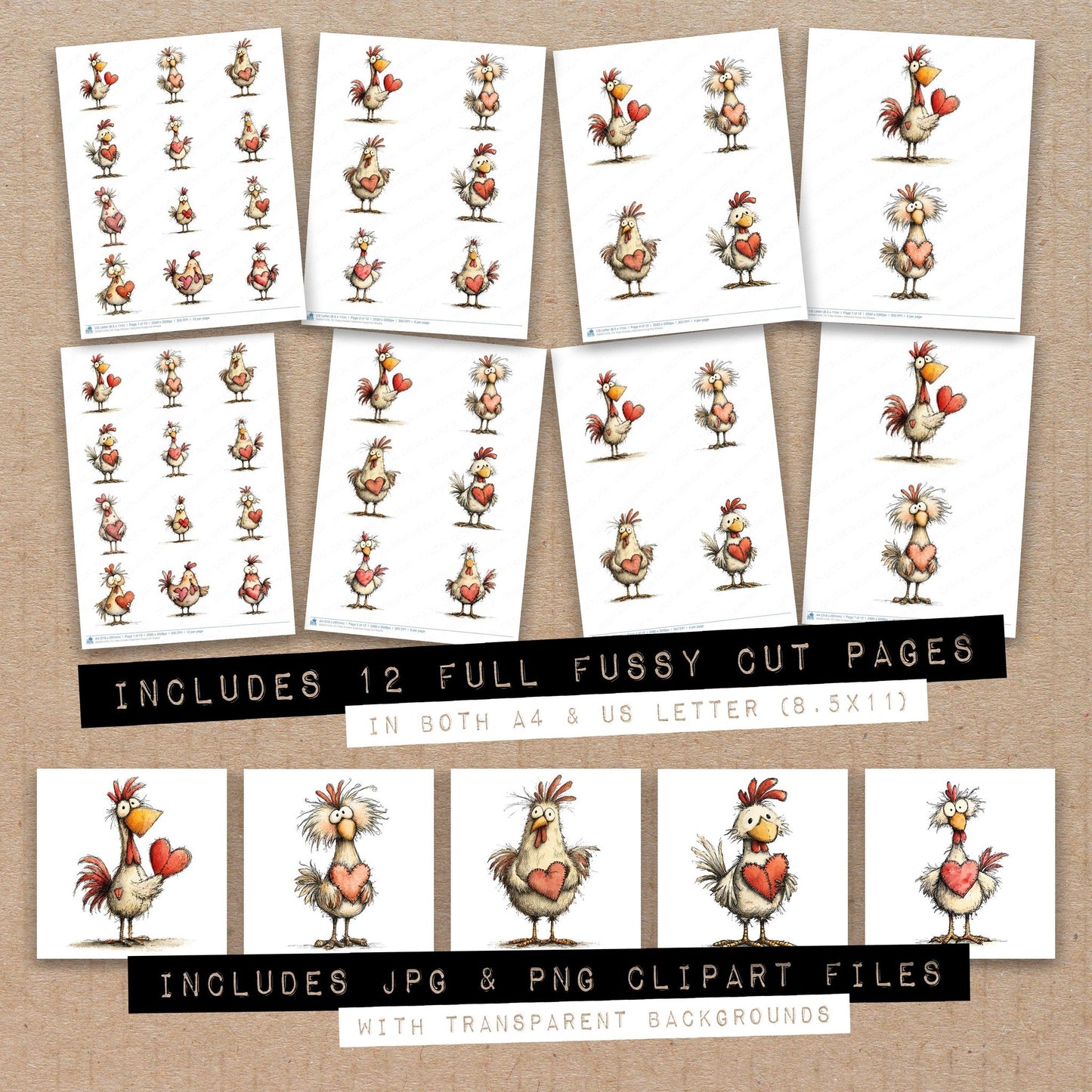 Full collection view of Tatty Chicken Valentine fussy cut sheets with bonus clipart JPG and PNG files