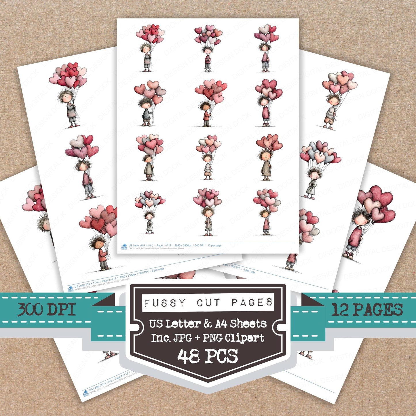 Tatty Child Heart Balloons fussy cut printable sheets for junk journaling, scrapbooking, and paper craft projects