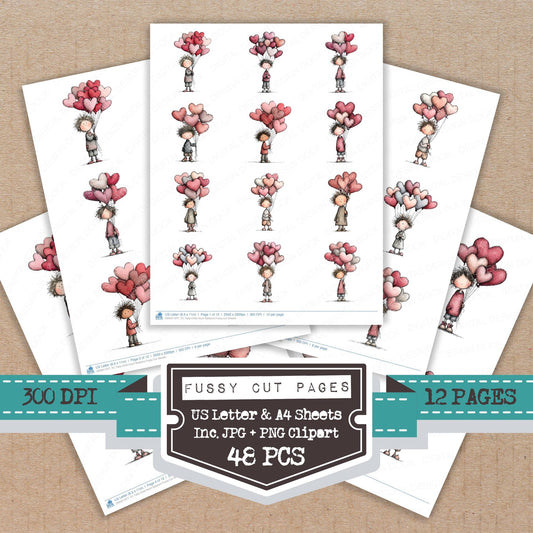Tatty Child Heart Balloons fussy cut printable sheets for junk journaling, scrapbooking, and paper craft projects