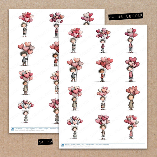 A4 and US Letter format comparison showing Tatty Child Heart Balloons fussy cut pages for print and cut crafting