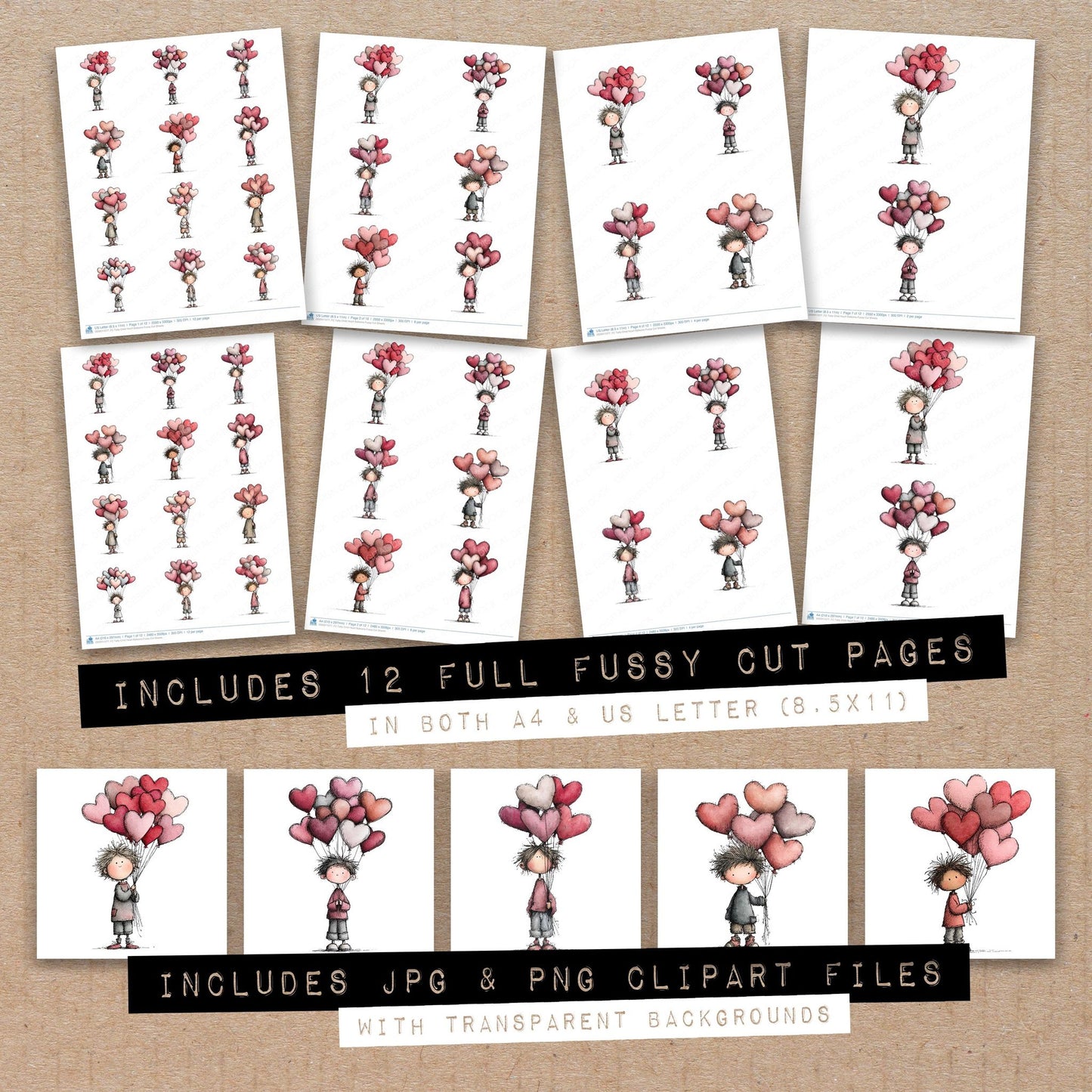 Full collection view of Tatty Child Heart Balloons fussy cut sheets with bonus clipart JPG and PNG files