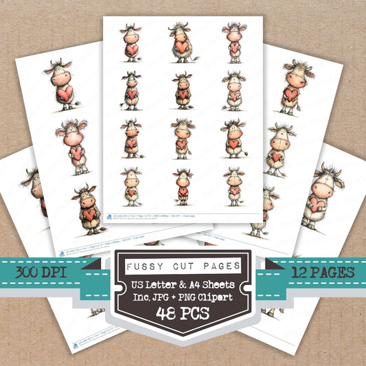 Tatty Cow Valentine fussy cut printable sheets for junk journaling, scrapbooking, and paper craft projects