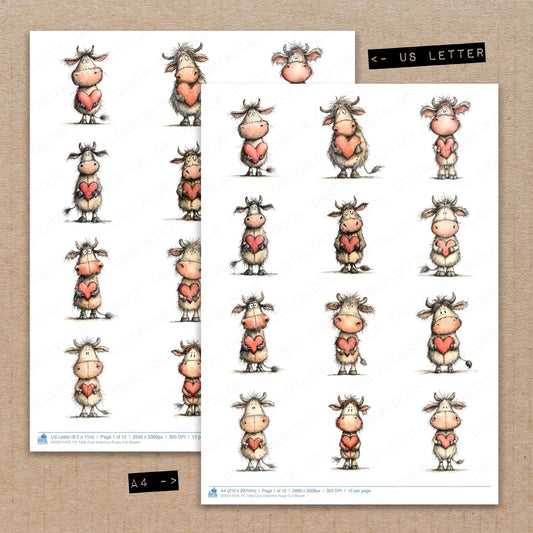 A4 and US Letter format comparison showing Tatty Cow Valentine fussy cut pages for print and cut crafting