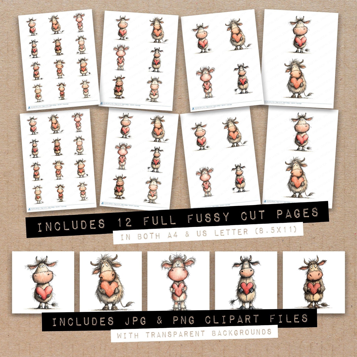 Full collection view of Tatty Cow Valentine fussy cut sheets with bonus clipart JPG and PNG files