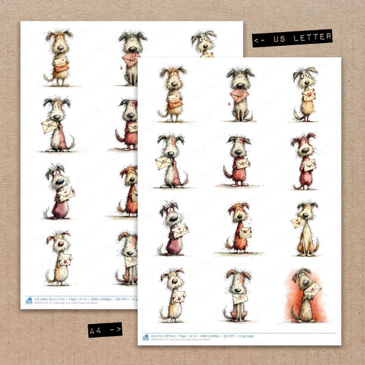 A4 and US Letter format comparison showing Tatty Dog Love Letter fussy cut pages for print and cut crafting