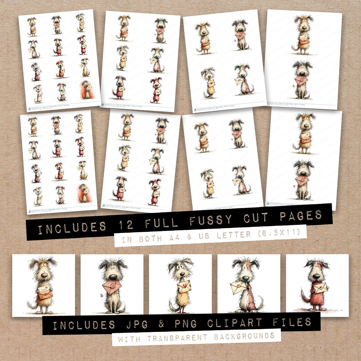 Full collection view of Tatty Dog Love Letter fussy cut sheets with bonus clipart JPG and PNG files