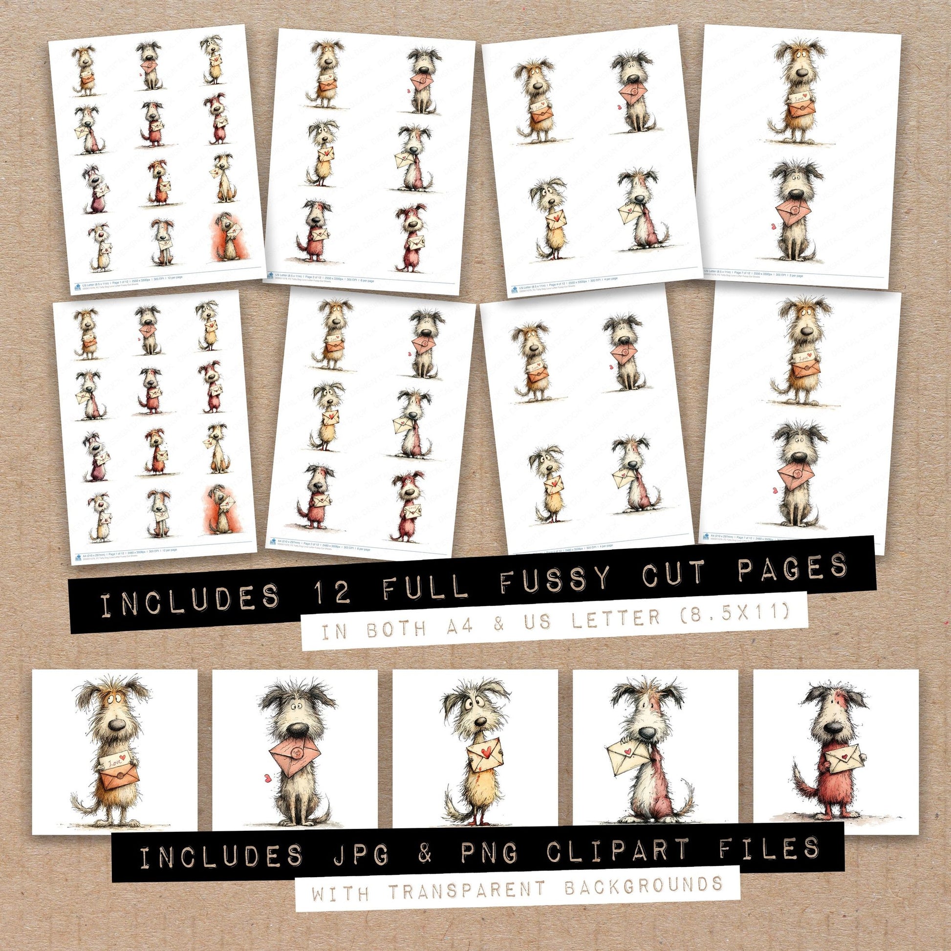 Full collection view of Tatty Dog Love Letter fussy cut sheets with bonus clipart JPG and PNG files
