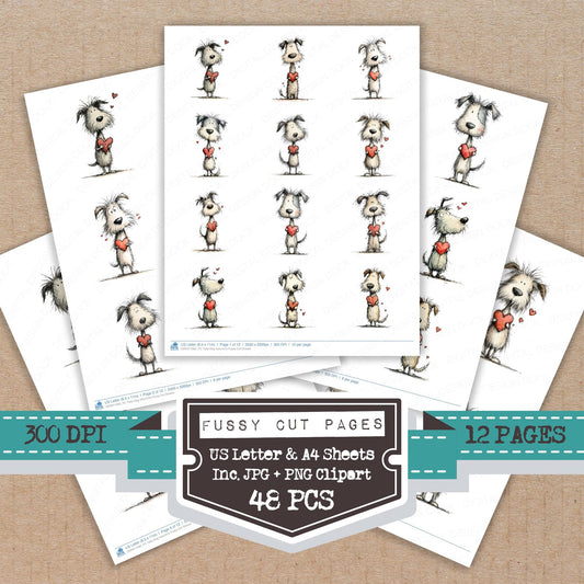 Tatty Dog Valentine fussy cut printable sheets for junk journaling, scrapbooking, and paper craft projects