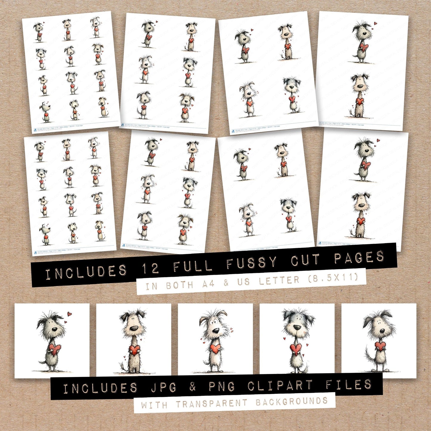 Full collection view of Tatty Dog Valentine fussy cut sheets with bonus clipart JPG and PNG files