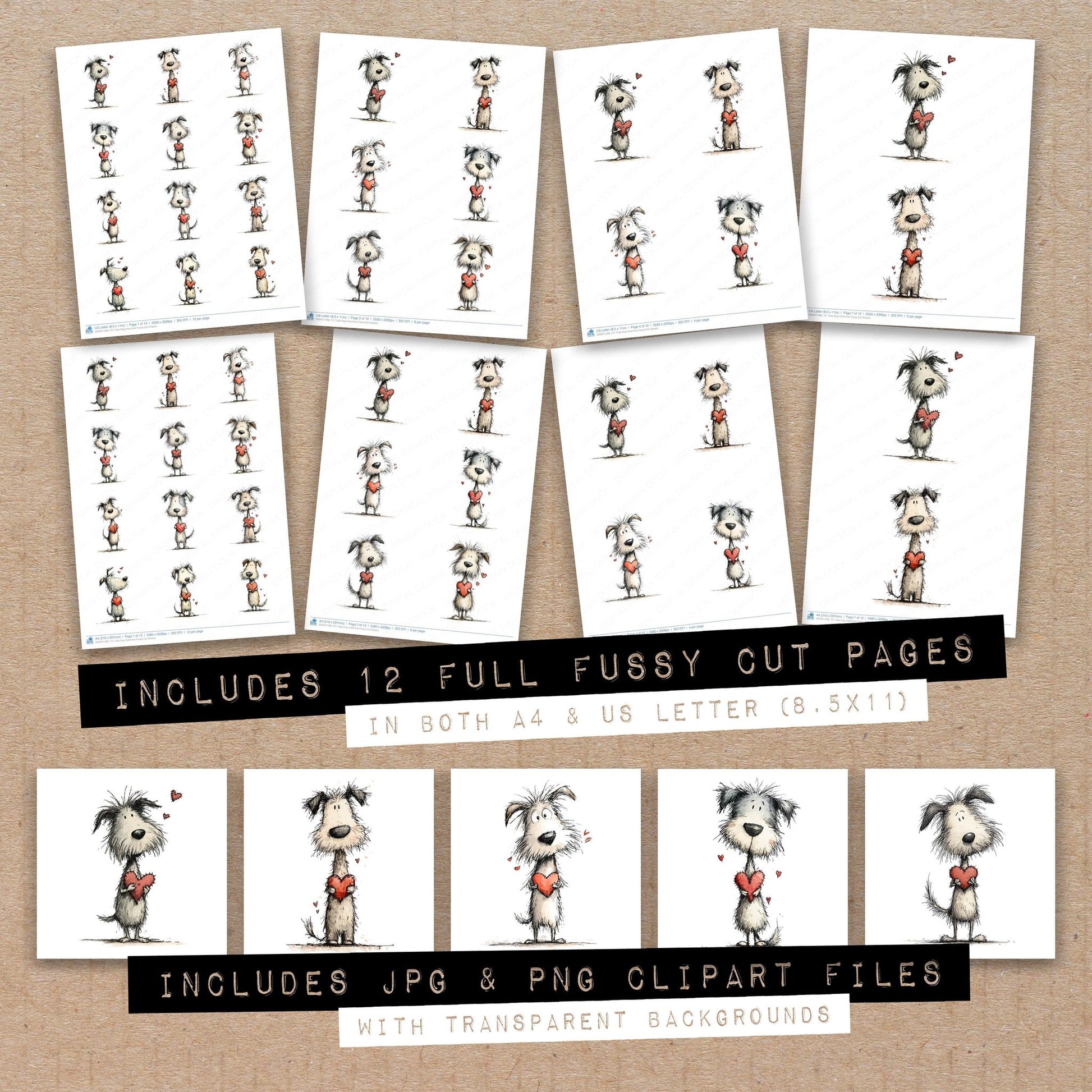 Full collection view of Tatty Dog Valentine fussy cut sheets with bonus clipart JPG and PNG files