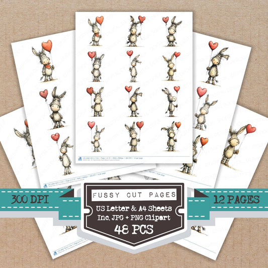 Tatty Donkey Heart Balloon fussy cut printable sheets for junk journaling, scrapbooking, and paper craft projects