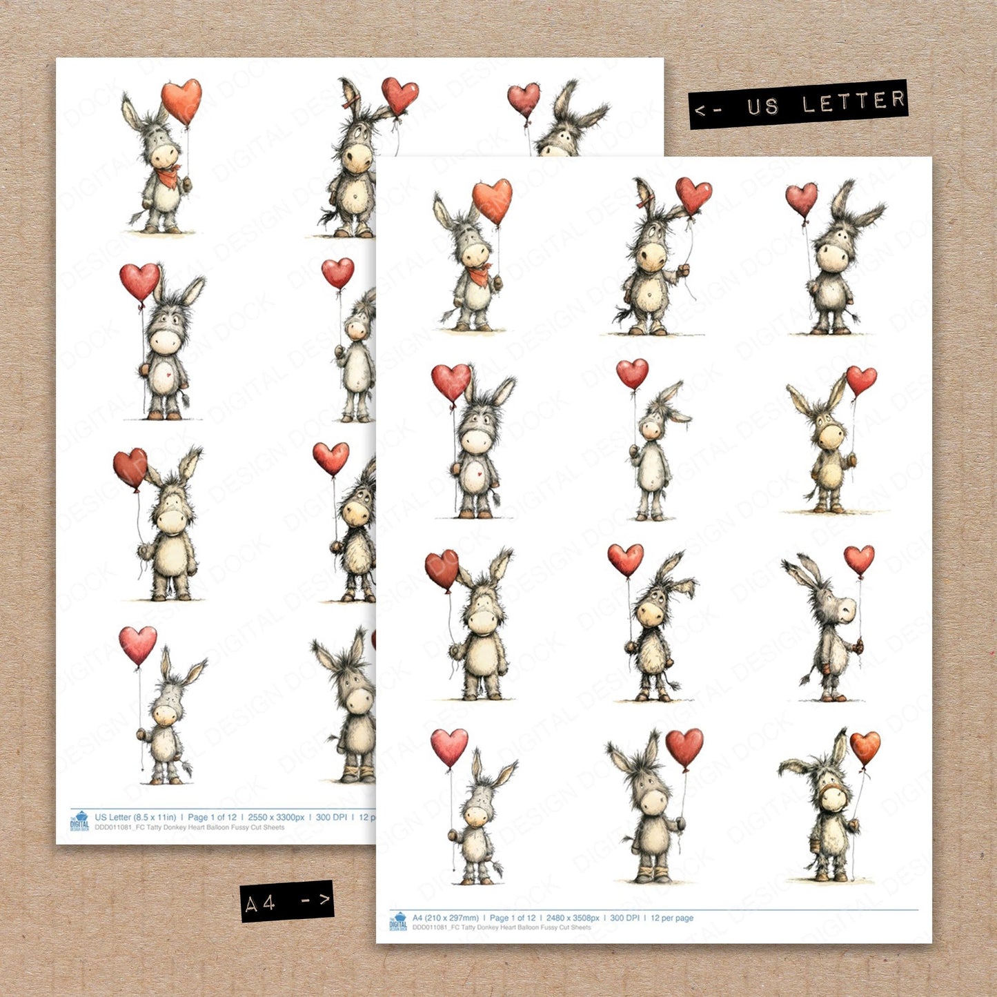 A4 and US Letter format comparison showing Tatty Donkey Heart Balloon fussy cut pages for print and cut crafting
