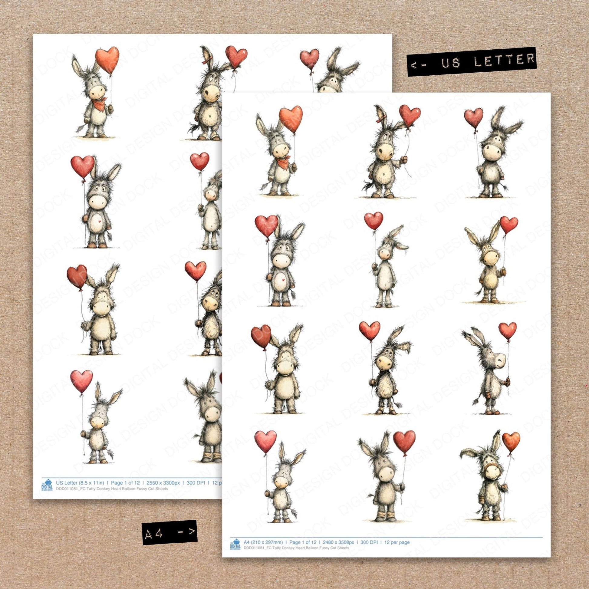 A4 and US Letter format comparison showing Tatty Donkey Heart Balloon fussy cut pages for print and cut crafting